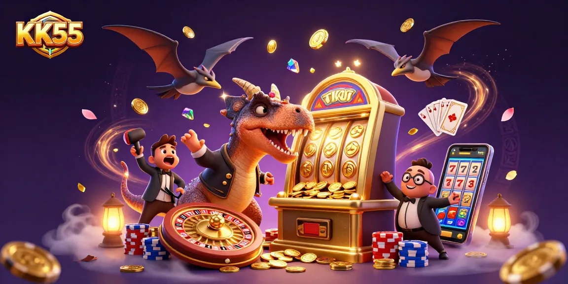 KK55 showcases a cartoon pachycephalosaurus celebrating jackpot wins, amidst flying coins and gaming elements.