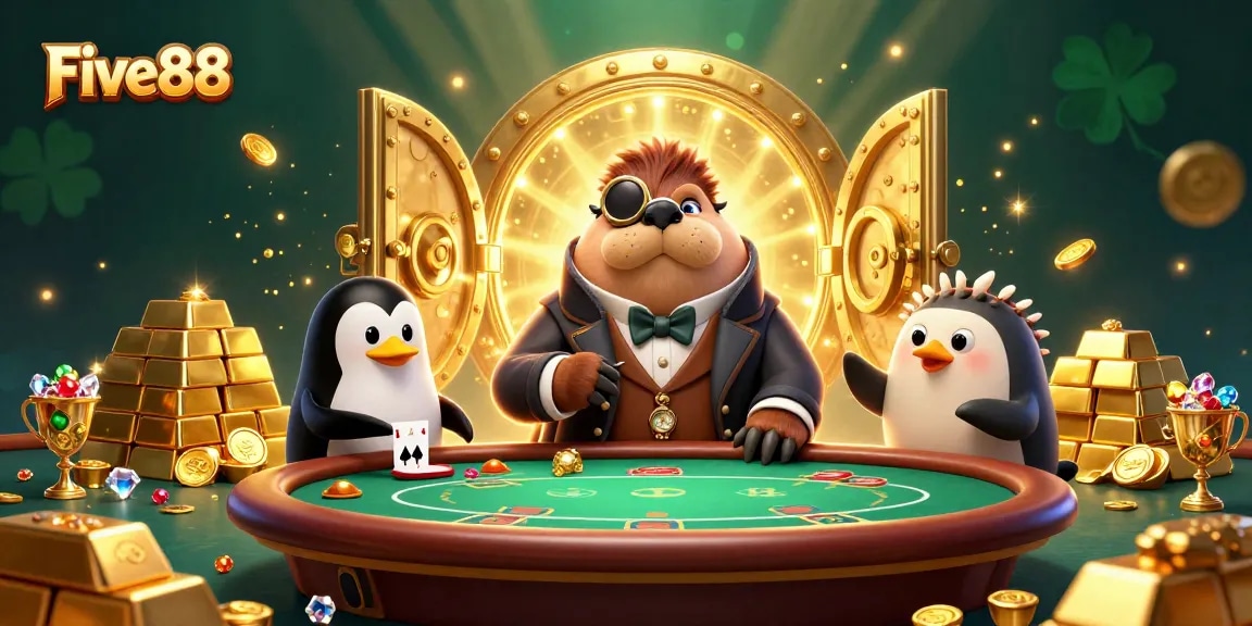 Five88 offers a vibrant poker scene featuring a walrus and his friends in a dynamic gambling environment.