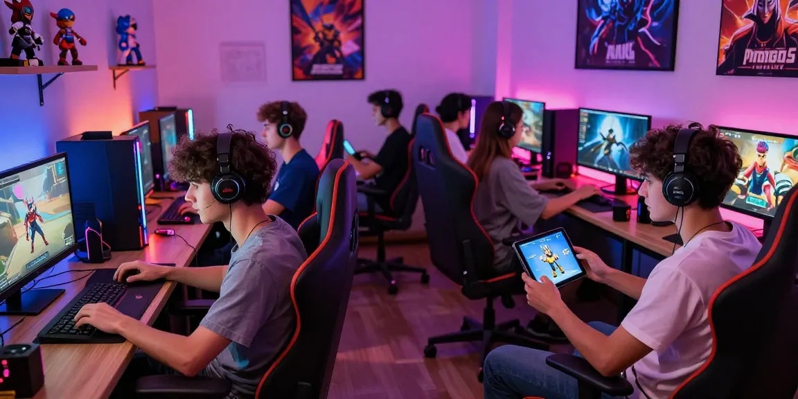 Gamers playing engaging xxx games in a vibrant lounge setting with modern decor.