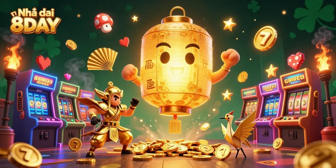 Experience the excitement at Nhà cái 8DAY, featuring a captivating 3D fantasy casino illustration full of vibrant gaming elements.