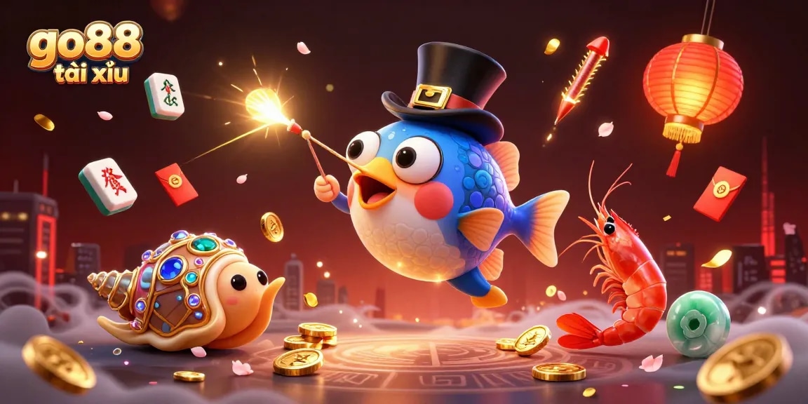 Engaging scene illustrating go88 tài xỉu with an anglerfish, pirate shrimp, and gemstone snail enriching the gaming experience.