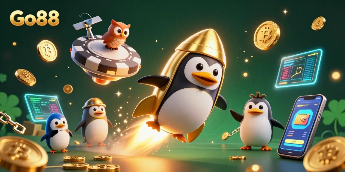 Experience Go88 with a golden penguin launching into casino space, rich in coins and crypto.