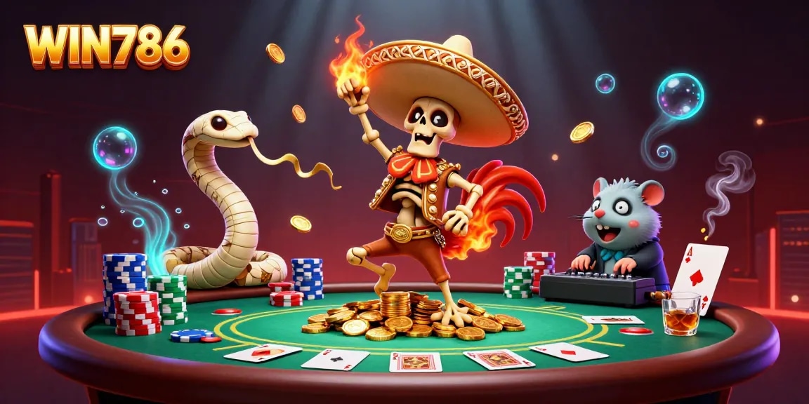 WIN786 players celebrate victories with a lively mariachi rooster and vibrant poker scene.