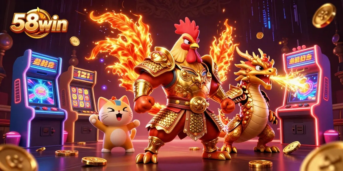 Experience the excitement of 58win with an action-packed 3D casino illustration featuring vibrant characters.