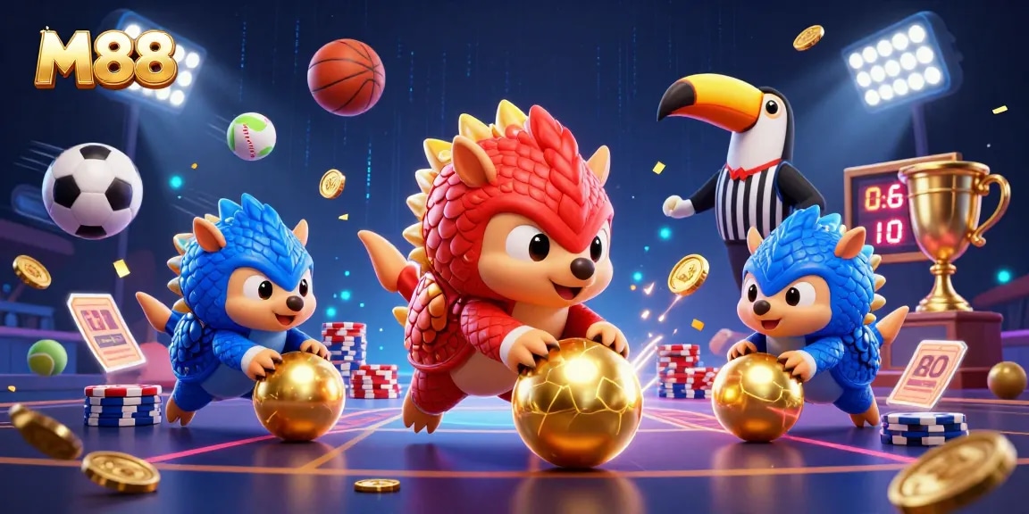 M88 engages players as rival pangolins bowl through poker chips in a vibrant casino scene.