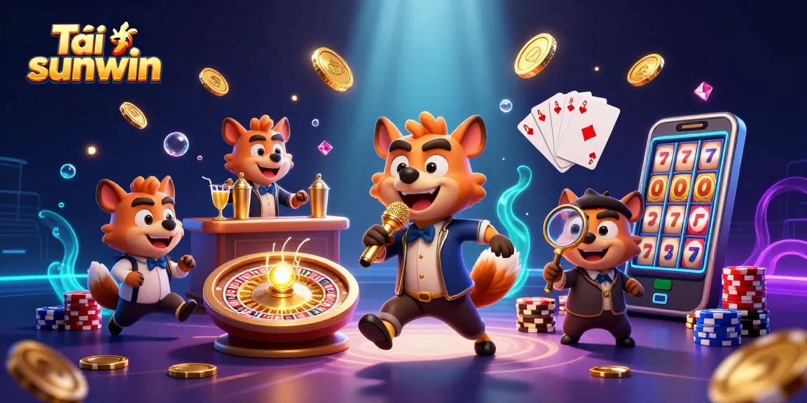 Try the exciting Tải sunwin experience in this vibrant 3D casino scene with hyenas showcasing casino fun.