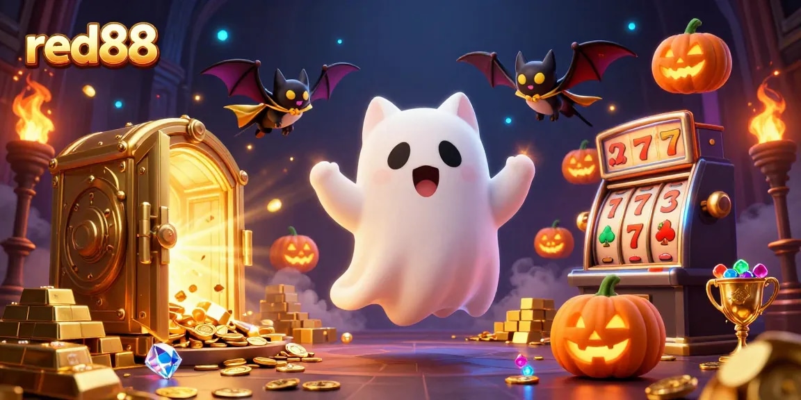 Experience red88’s thrilling spooky atmosphere with floating ghost cat and vibrant treasure.