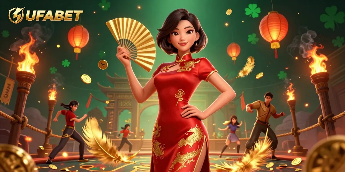 Bet and win with UFABET in a dazzling 3D casino scene featuring a beautiful Asian woman and golden elements.