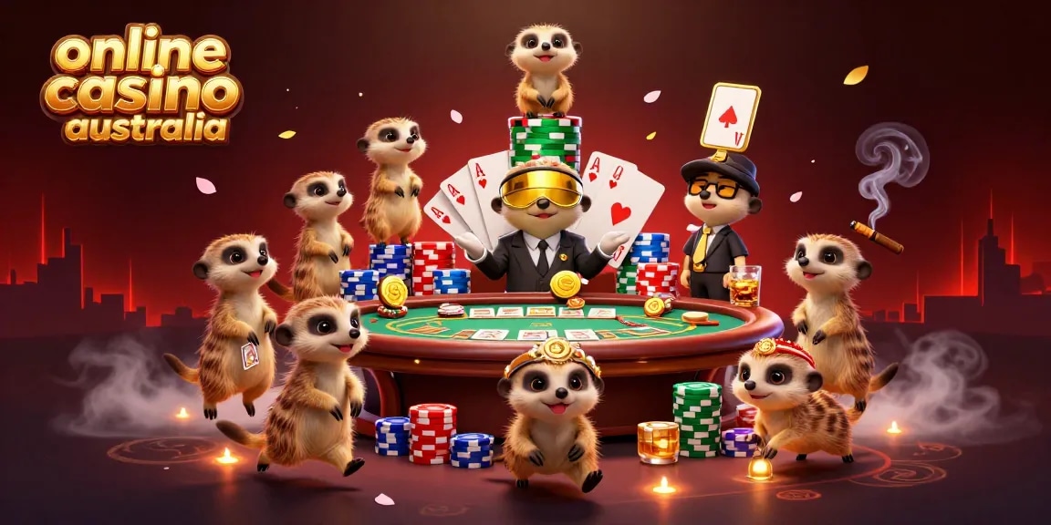 Engage in the vibrant online casino Australia scene with meerkats managing poker and chips.