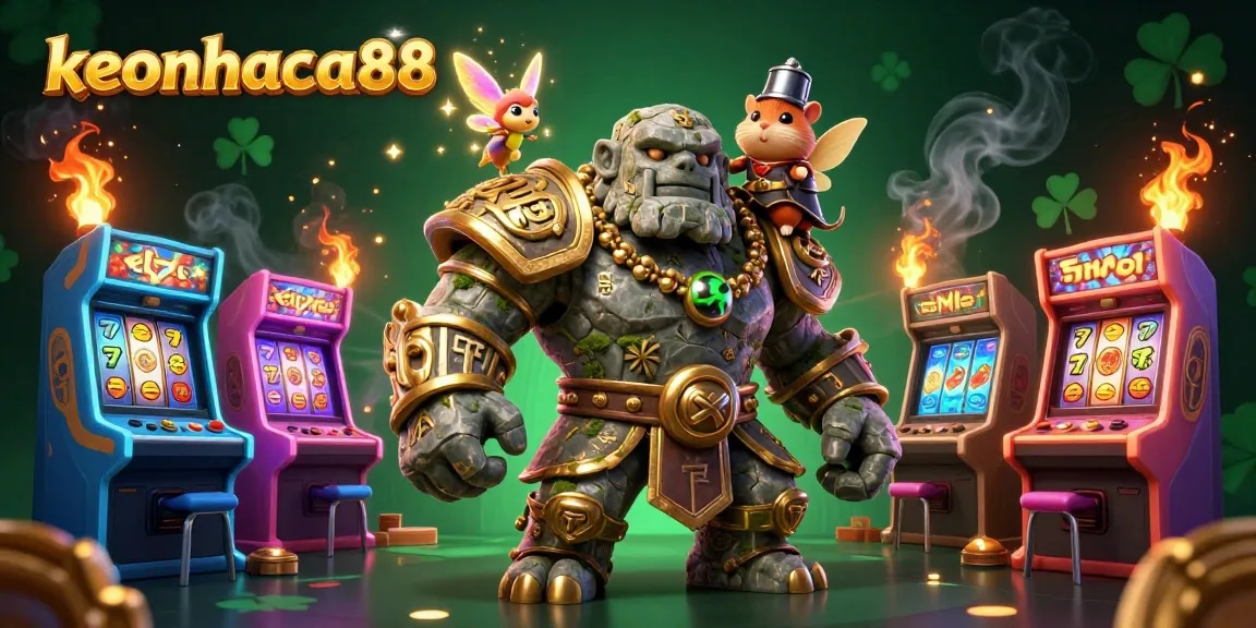 Join the adventure with keonhacai88 as the stone golem guardian battles for riches in a magical casino realm.