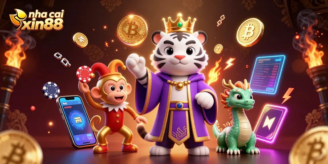 Play the top games at nha cai xin88 featuring a majestic white tiger and a juggling monkey amidst vibrant casino elements.