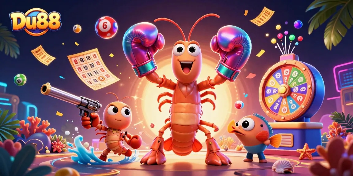 Engage with Du88 as lottery balls bounce dynamically around cheerful cartoon sea characters.