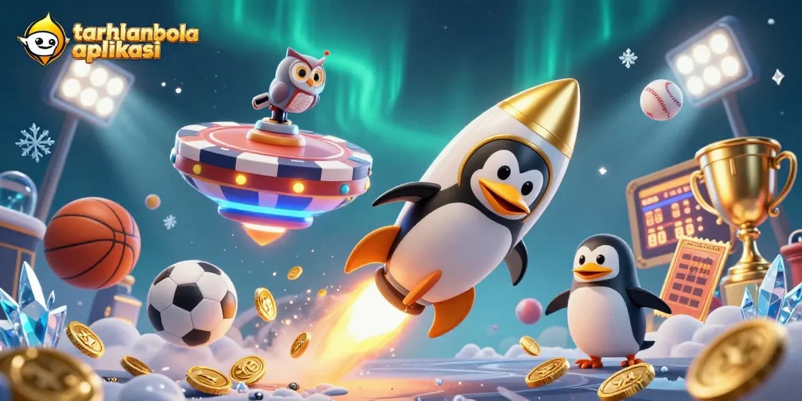 Engage in taruhan bola aplikasi with a dynamic scene featuring a golden penguin and sports balls.