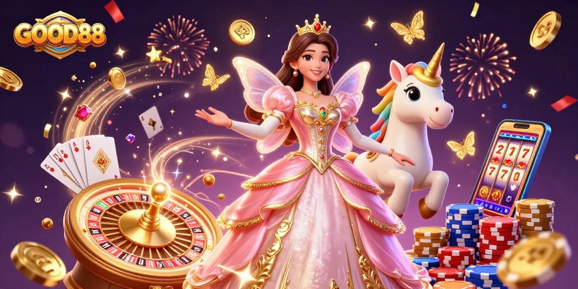 Experience gaming excitement with GOOD88 featuring a glamorous character, golden coins, and vibrant casino elements.
