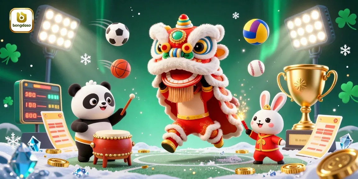 Bongdaso sports betting illustration featuring lively characters including a lion dance, drumming panda, and firecracker rabbit.