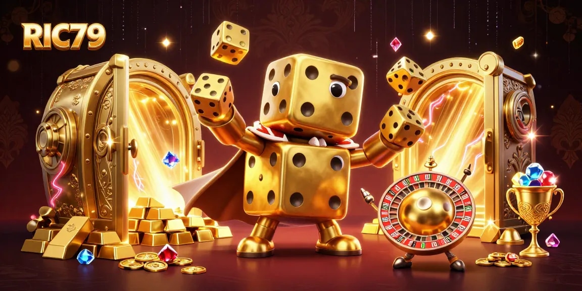 Experience the excitement of RIC79 with a dynamic 3D scene of golden dice and casino treasures.