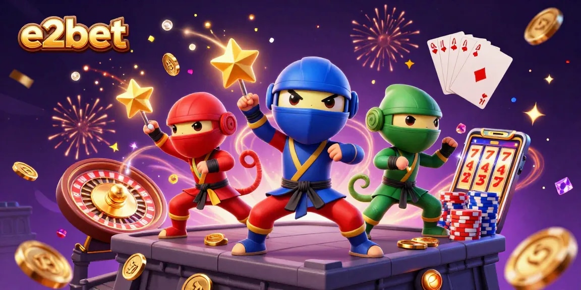 Experience the thrilling action of e2bet with vibrant casino elements and animated ninja chameleons.