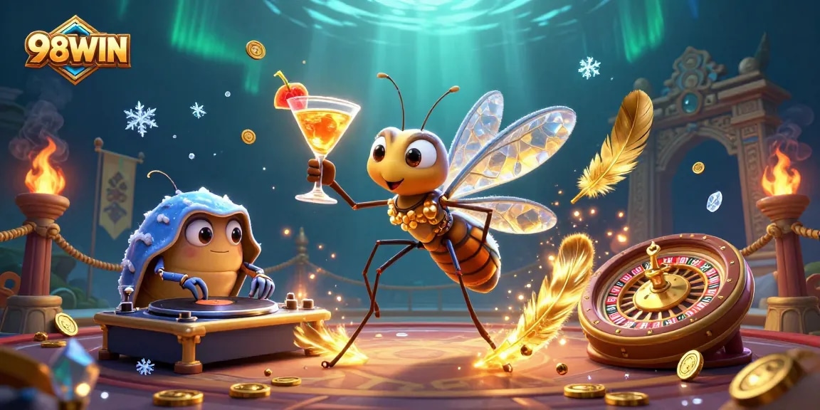 Experience 98WIN's vibrant casino energy with lively characters, roulette wheel, and golden cocktail action.