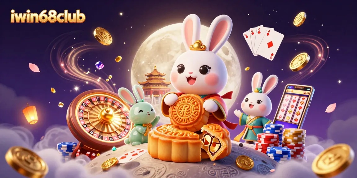 Experience the thrill of winning at iwin68club with a vibrant 3D scene featuring casino elements.