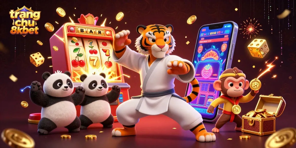 Engage with the dynamic scene at trang chu 8xbet featuring a kung fu tiger, panda, and monkey amidst a jackpot explosion and vibrant casino elements.