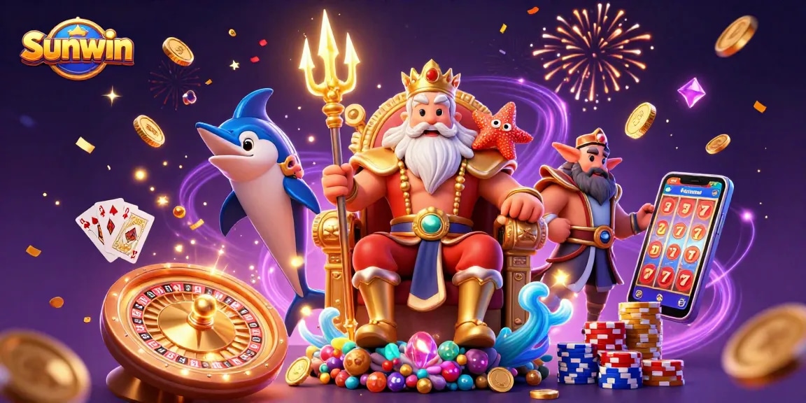 Experience the thrill of Sunwin with vibrant 3D animation featuring casino elements.