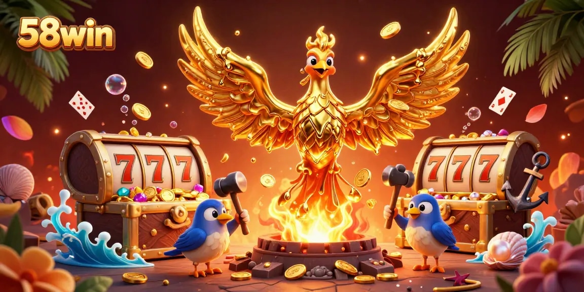Experience the thrilling win with 58win's vibrant casino scene filled with gold coins.