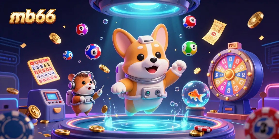 mb66 gaming action scene with a cartoon astronaut corgi and floating casino elements in a vibrant space
