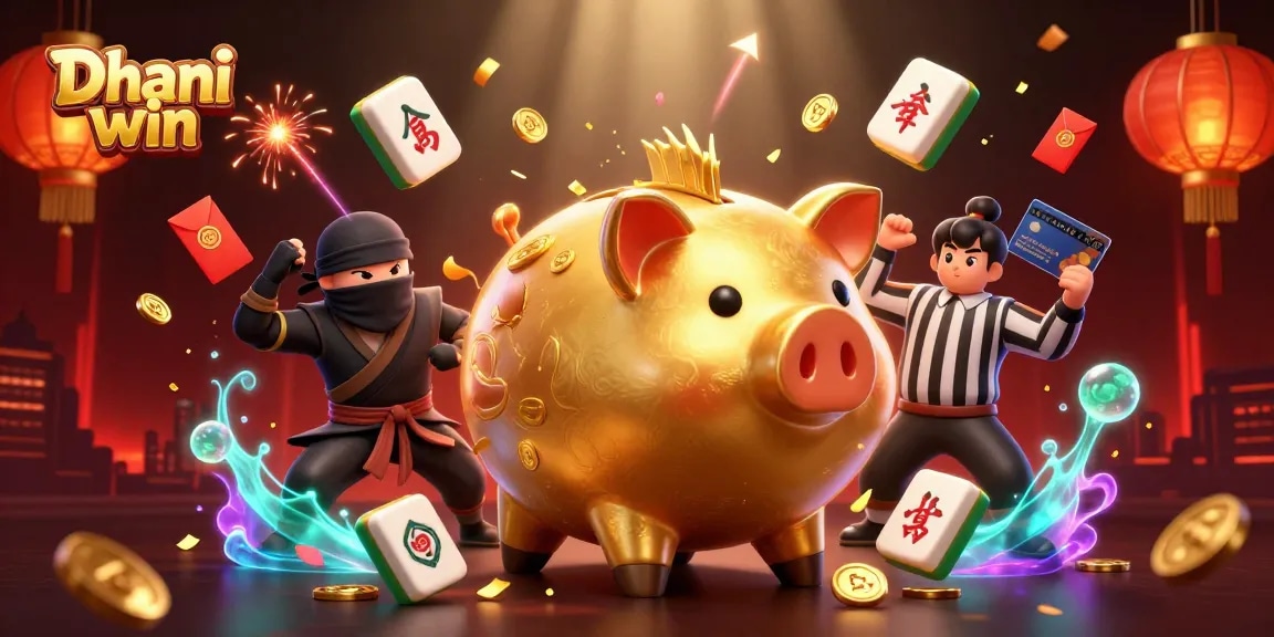 Dhani Win players enjoy thrilling games with a dynamic golden piggy bank in an exciting casino scene.
