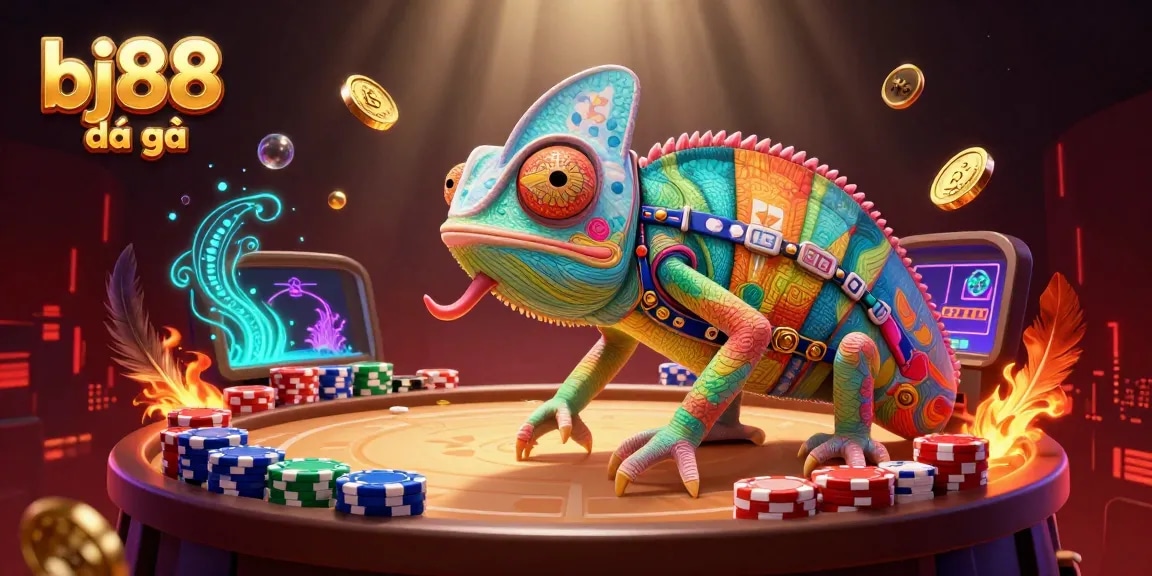 Engage in thrilling bj88 đá gà battles with the chameleon casino owner amidst dynamic action and vibrant colors.