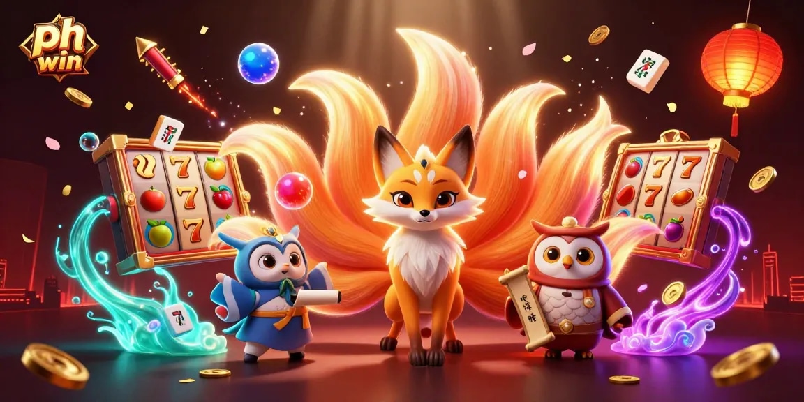 Spin to win with ph win's vibrant casino experience featuring a mystical fox and wise owl amidst celebration symbols.