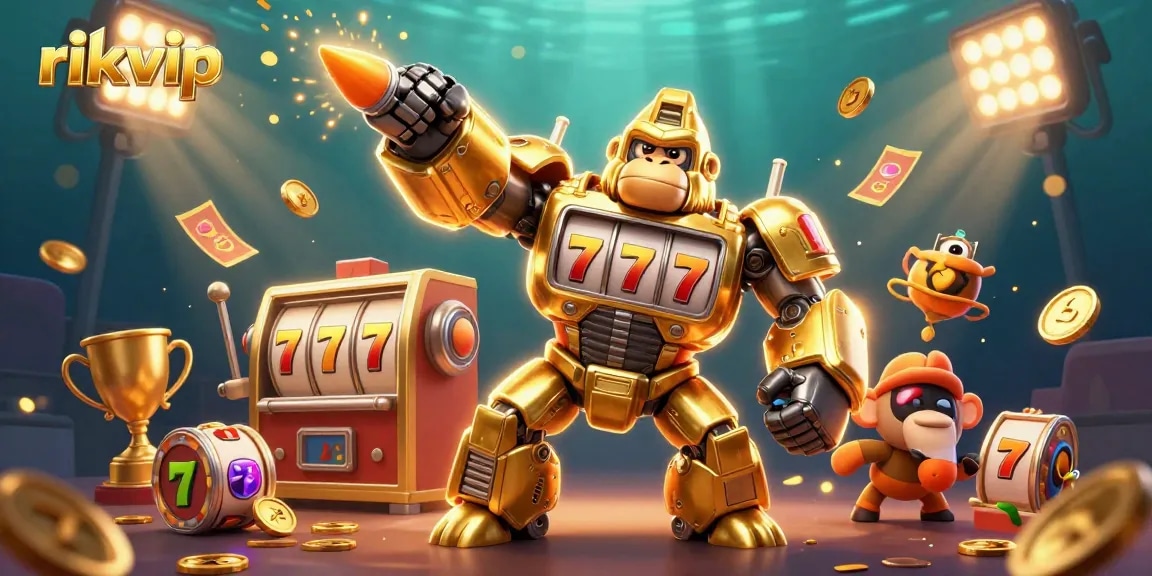 Engage in thrilling gameplay with rikvip, featuring a captivating golden gorilla mech and dynamic casino elements.