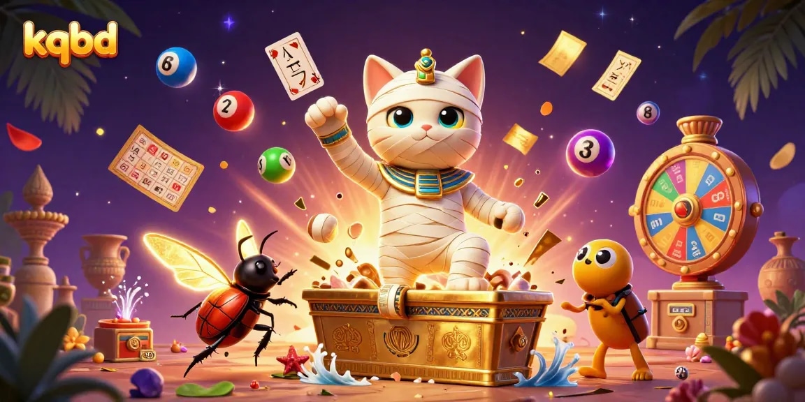 KQBD offers an engaging view with a mummy cat and scarab beetle in an exciting casino atmosphere.