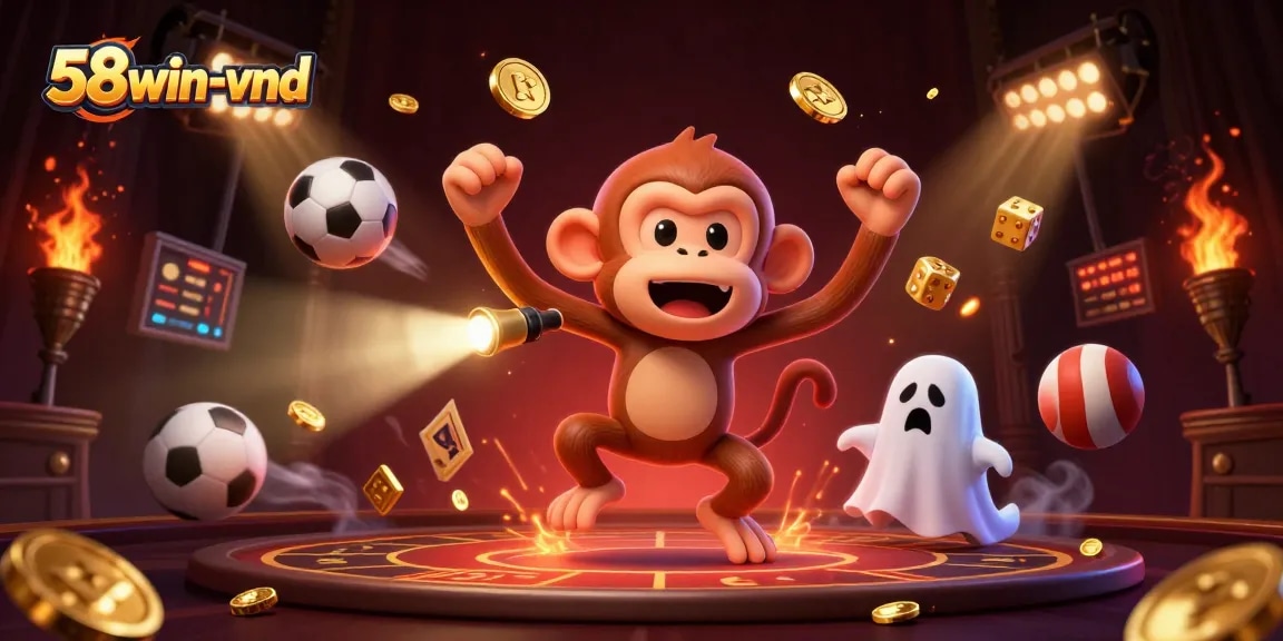 Experience the thrill at 58win-vnd with a playful ghost-hunter and a mischievous monkey juggling golden bets.