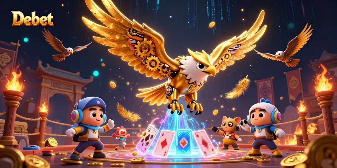 Engage with Debet's thrilling 3D animation of a cybernetic eagle amidst vibrant casino elements.