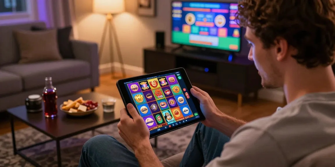 Excited player discovering free spins on registration uk at home, immersive experience with vibrant slot game graphics.