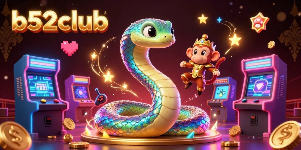 Experience excitement at b52club with a vivid 3D illustration of colorful game elements and a playful monkey king.