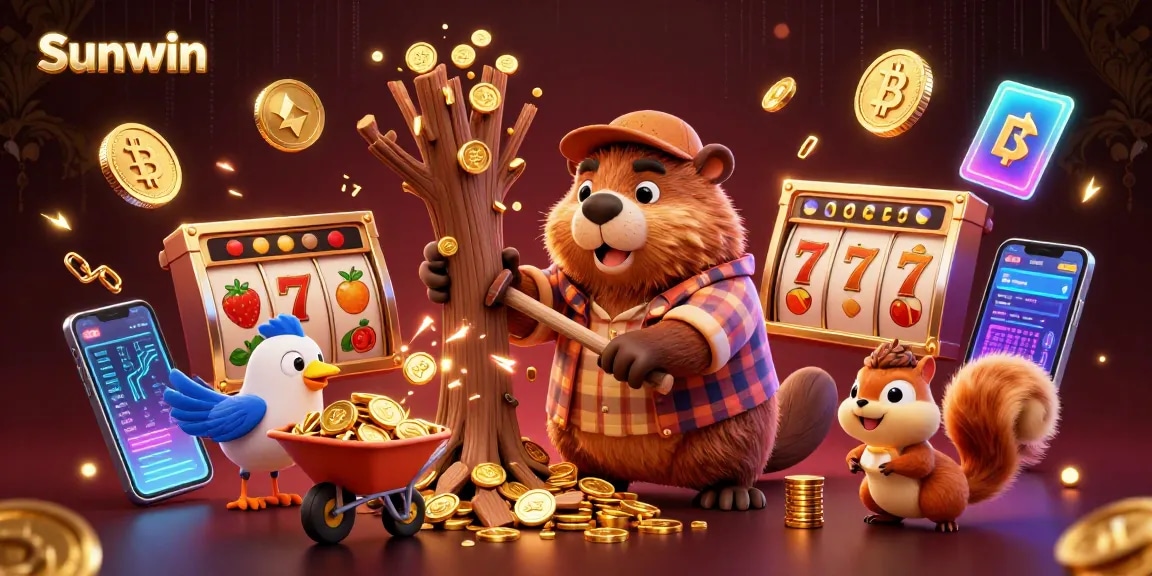 Sunwin players enjoying jackpot winnings in a vibrant 3D casino scene filled with golden coins and neon lights.