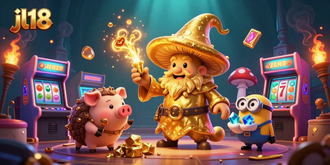 Experience the magic of jl18 with the golden wizard and gambling-themed elements in this vibrant 3D illustration.