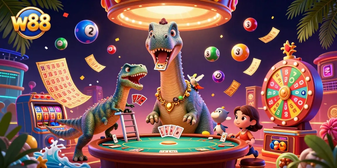 w88 combines a colossal brontosaurus, clever raptor, and vibrant lottery elements in an exciting casino scene.