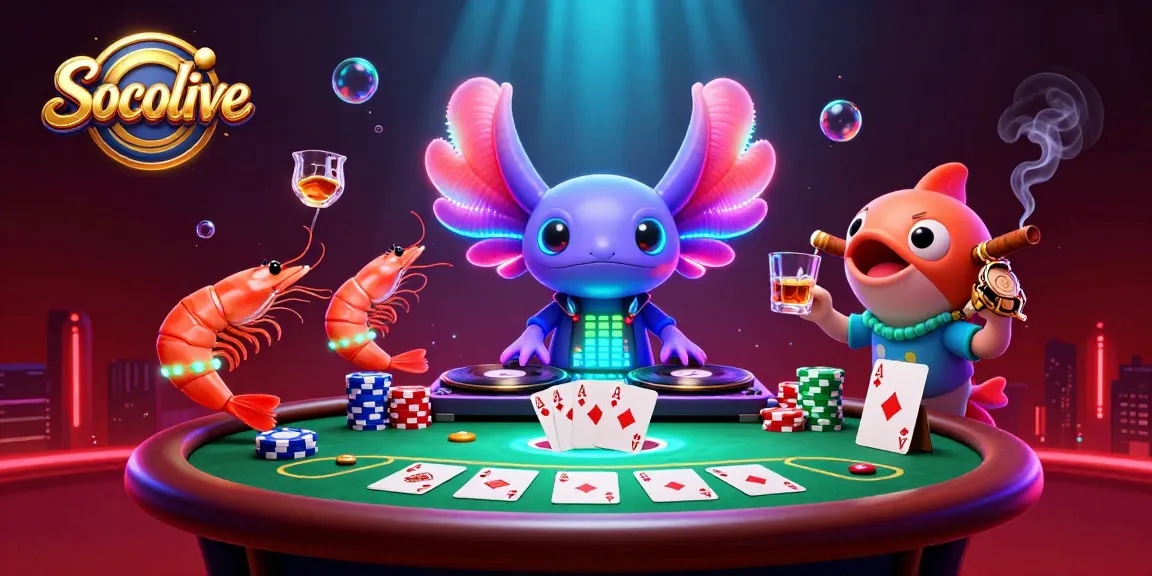 Socolive showcases a vibrant underwater casino scene with a neon axolotl DJ and poker elements.