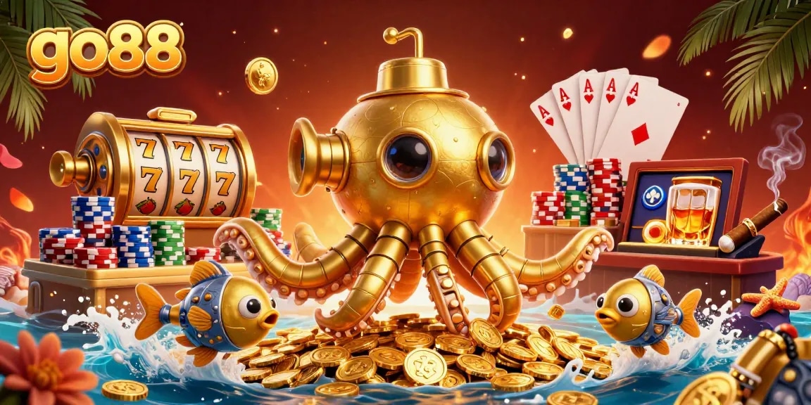 Experience thrilling gameplay at go88 as the golden kraken submarine rises amidst vibrant slot elements and poker chips.