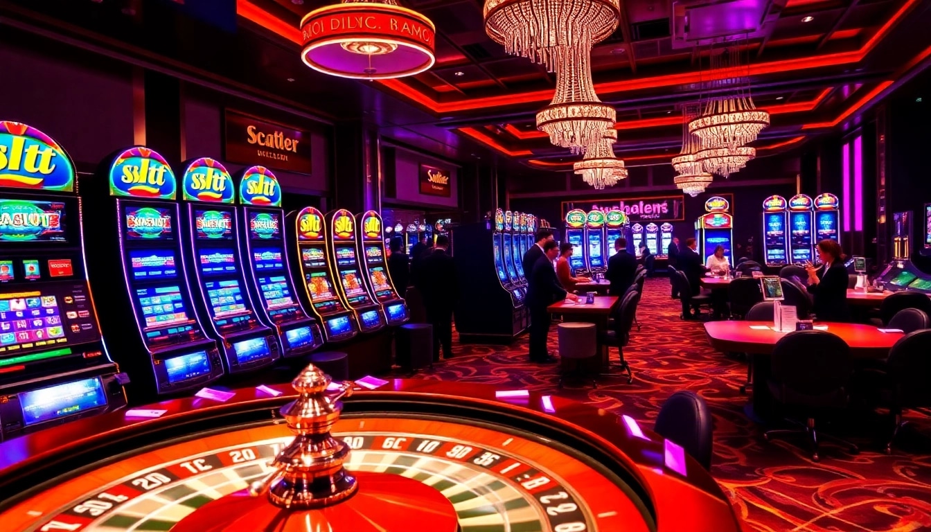 Experience the thrill of slot demo scatter hitam in a vibrant casino atmosphere with glowing slot machines.