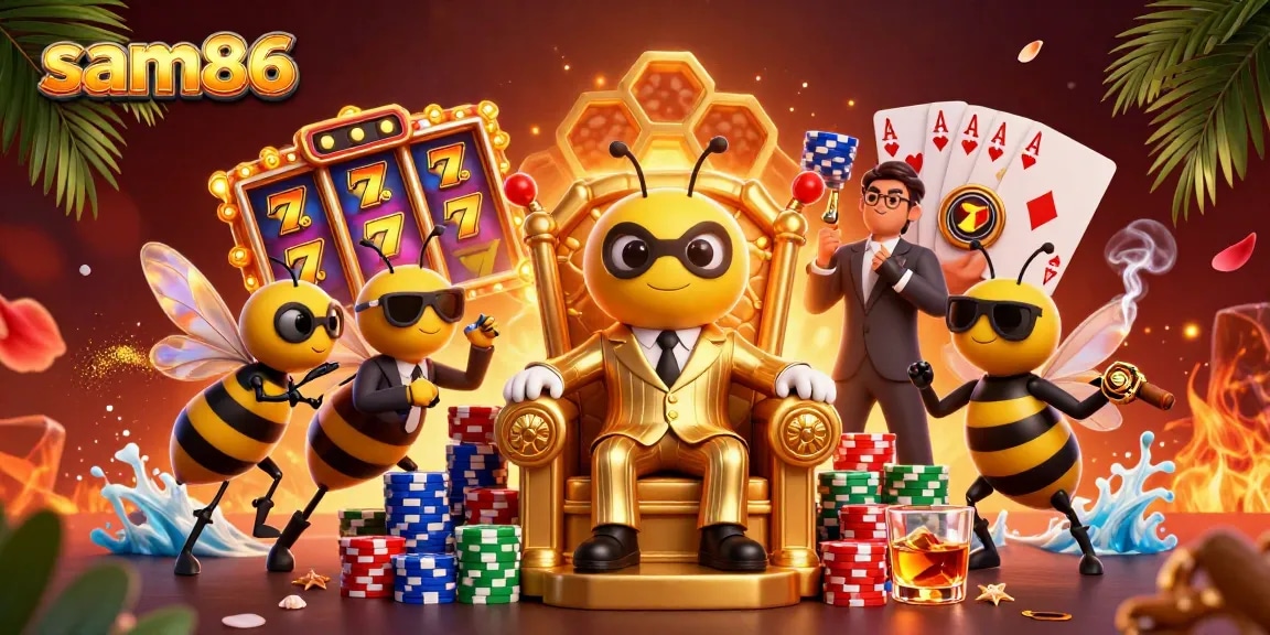 Explore the vibrant sam86 casino world with a buzzing bumblebee mob boss amidst stacked poker chips and dynamic slot elements.