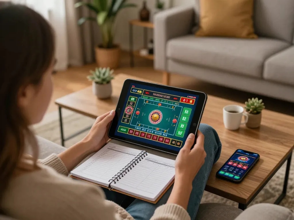 A person plays roulette on a tablet, highlighting Agen Casino Online with cozy home atmosphere and strategic gaming elements.