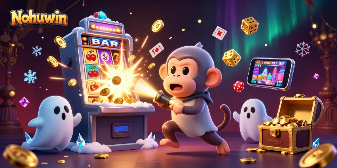 Nohuwin players engaging with a vibrant jackpot scene in this lively casino illustration.