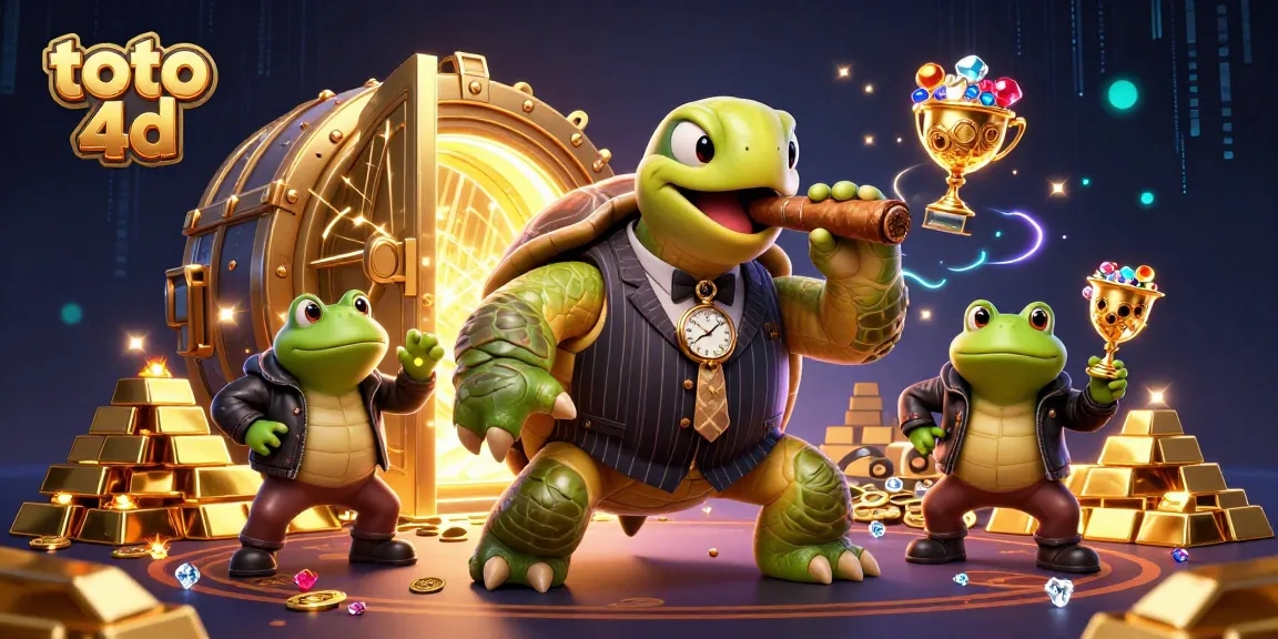 Experience thrilling toto 4d gaming with a vibrant 3D illustration of a turtle mobster, gold treasure, and casino lights.