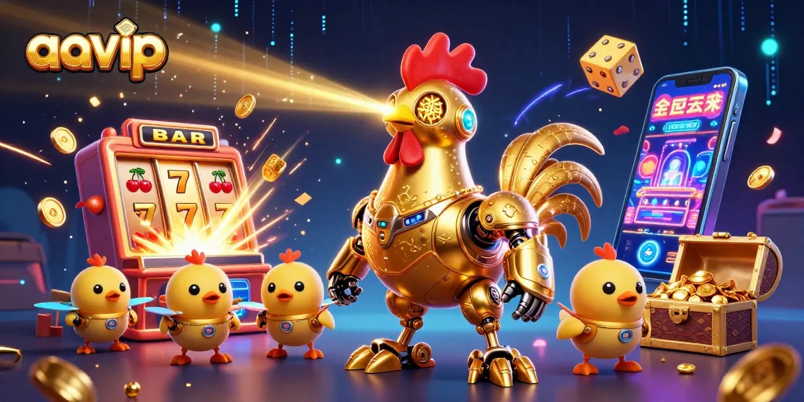 Aavip players enjoy vibrant 3D casino experience with golden robot and jackpot excitement.