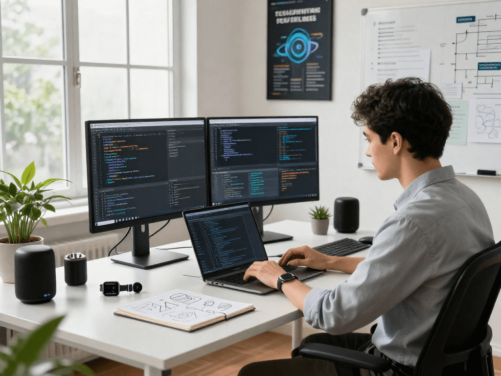 Focused software engineer coding AI algorithms in a modern workspace, showcasing innovation and creativity in tech.