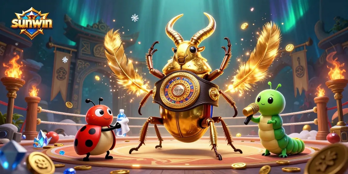 Sunwin offers thrilling gameplay with a dynamic illustration featuring a giant golden beetle in a boxing match.