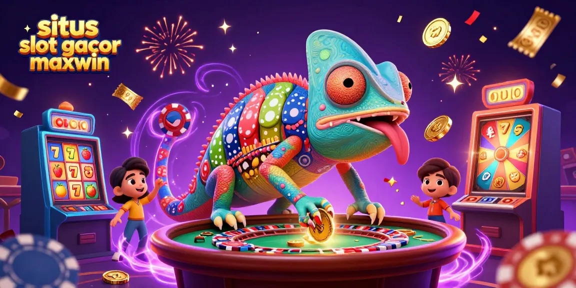 Situs slot gacor maxwin: Dynamic casino chameleon owner amidst colorful slot reels and golden prizes.